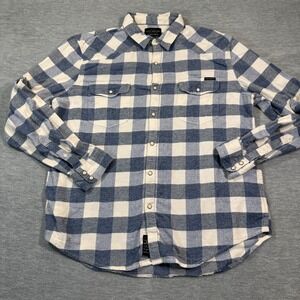 Lucky Brand Shirt Mens XL Blue White Plaid Saturday Stretch Western Pearl Snap